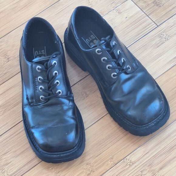 BED STU Mens Size 9 Black Chunky Heel Leather Oxford Gothic Emo Punk Shoes - Picture 3 of 16